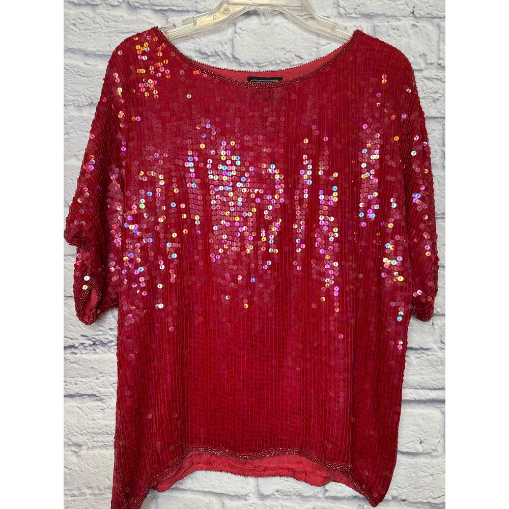 Jean for Joseph Le Bon Pure Silk Sequin Short Sleeve Round Neck Formal Top SZ MD